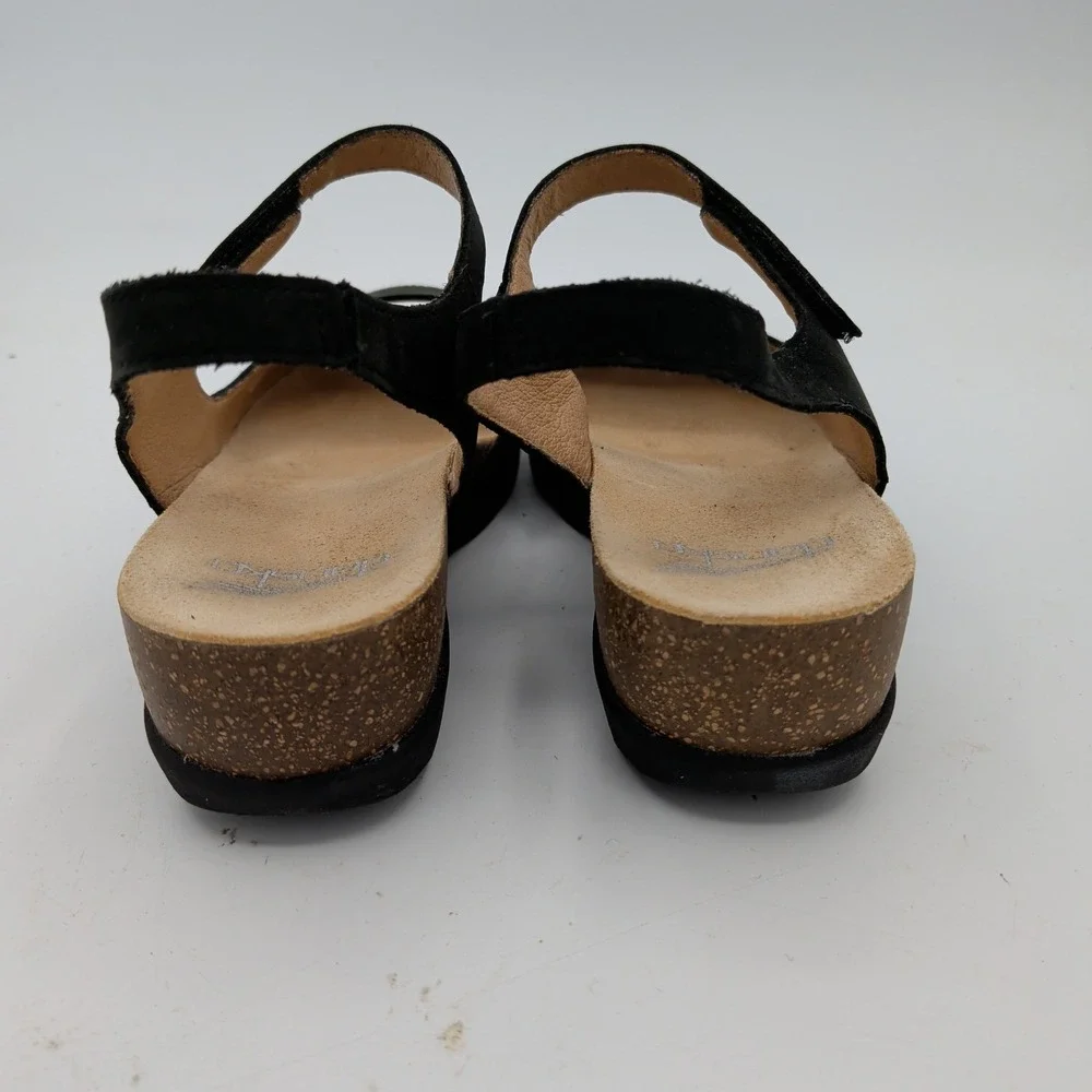 Dansko Marcy Womens 37 Black Leather Peep Toe Wedge Sandals Hook Loop Strap